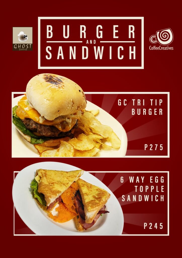 ghost coffee menu burger sandwich